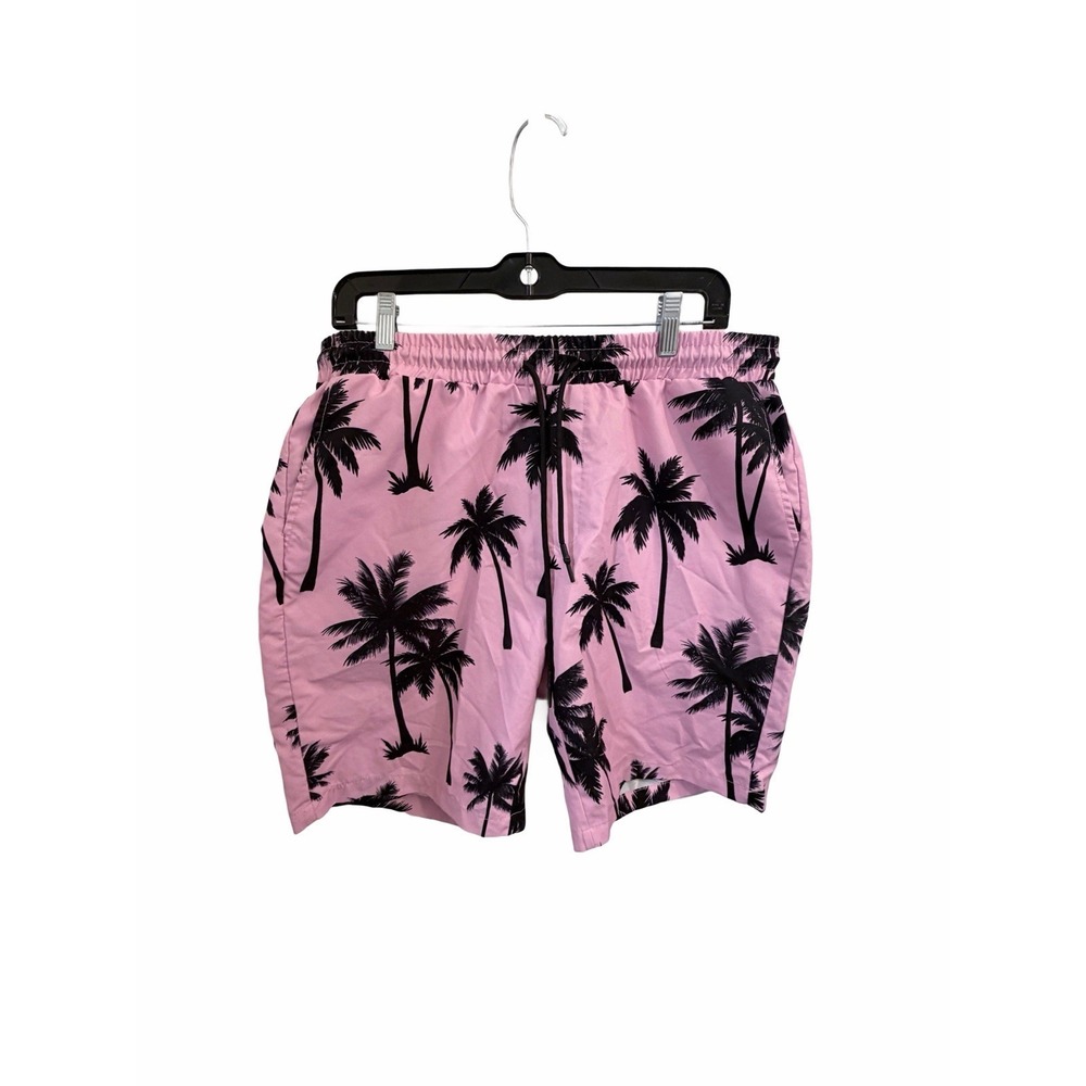Mens XL Pink Black Palm Tree Shorts Manfinity Tropical Beach Vacation Swim Trunk
